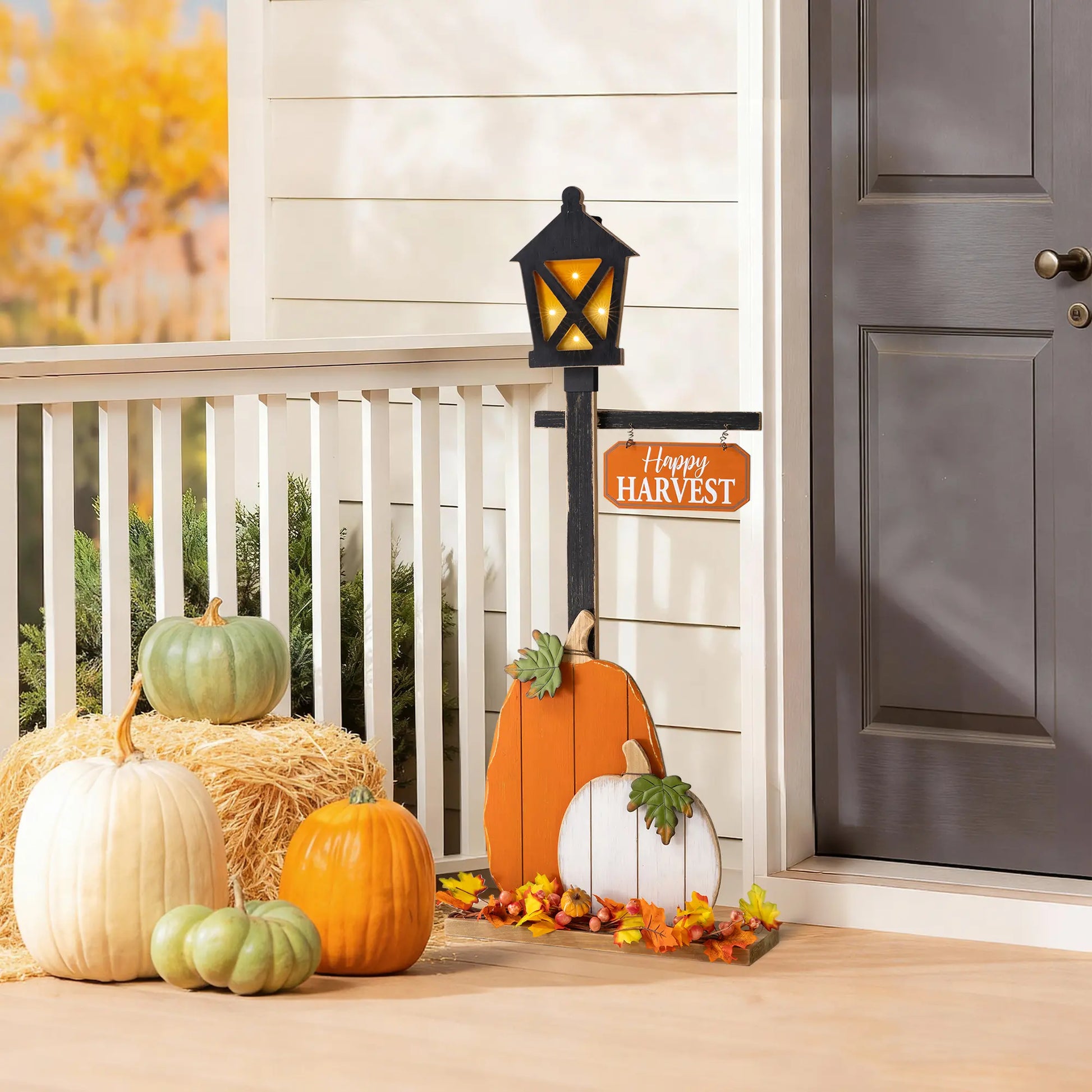 Glitzhome 36"H Rustic Lighted Wooden Pumpkin Lantern Lamp Post, Festive Decoration with Timer, Knock-Down Entryway Holiday Ornaments for Porch