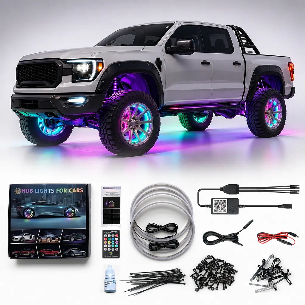 Ultimate 4PCS RGB LED Wheel Ring Light Kit with APP & Remote Control for Car Truck - IP67 Waterproof Decorative Light Accessories, Chasing Flow RGB Rim Light, RGB Coaxial Speaker Lights with Bluetooth