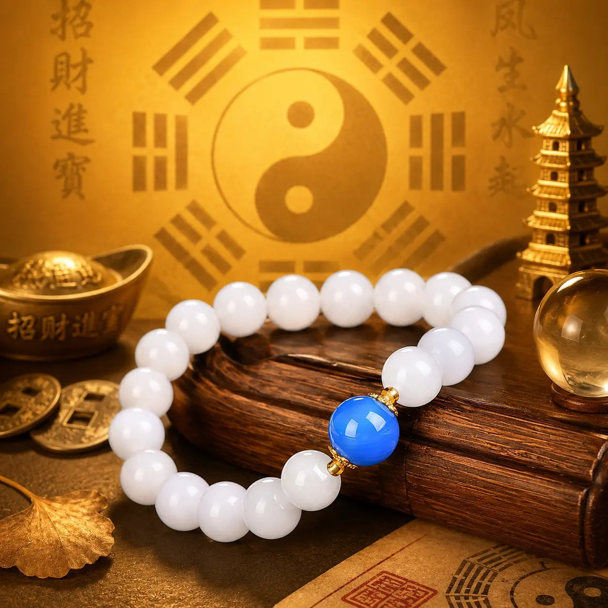 Ethnic Eastern-Inspired Natural Stone Bracelet - Polished White with Blue Accent, Unisex Inspirational Wellness Jewelry for Meditation, Calming Energy of Water Element, Costume Fashion Accessory