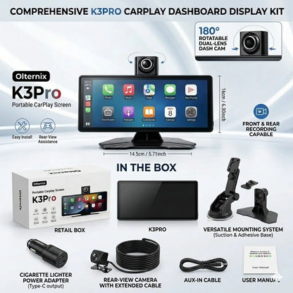 10.26 Inch Full HD Car Touch Screen, Wireless Carplay & Android Auto, Smart Voice Control, Built-In Dash Cam, Auto Pop-Up Rear View Camera, Universal for All Vehicles