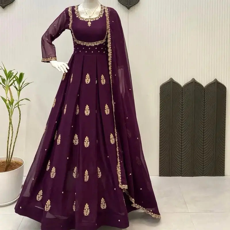 Modern Georgette Sequin Embroidery Gown with Dupatta | Indian Party & Wedding Wear for Women
