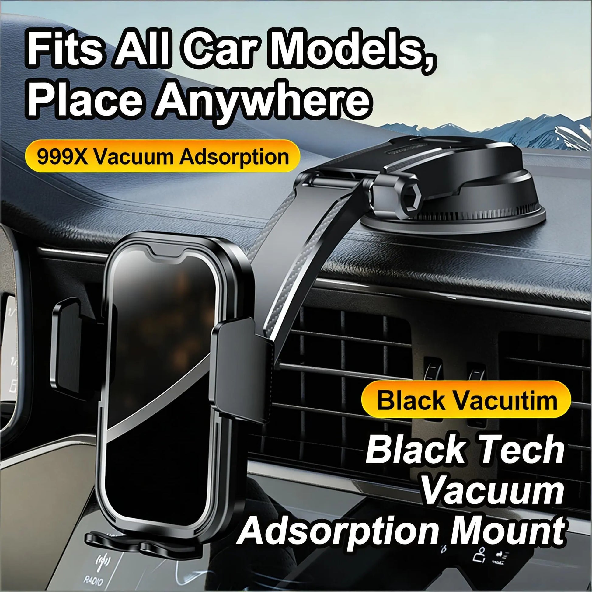 Black Tech Vacuum Car Phone Holder Cell Phone Mount for Dashboard Windshield Vent Wall Truck Cradle Stand for Iphone 17 Pro Max 16 15 14 13 Android with 999X Vacuum Suction