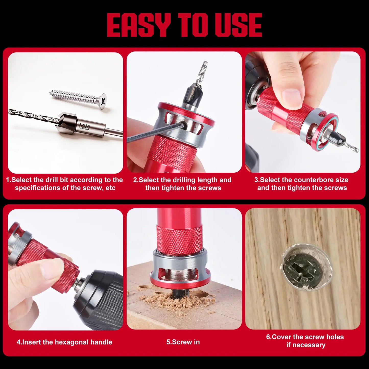 Quick Adjust Countersink Drill Bit Set with Aluminum Depth Stop Collar 5 Replaceable HSS M2 Bits 1/4 Inch Hex Shank Woodworking Tool for Hardwood and MDF