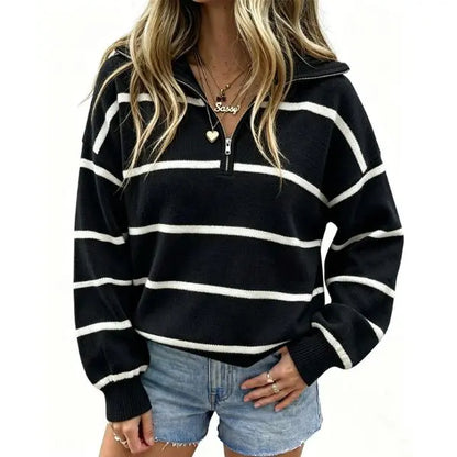 Fisoew Women'S Color Block Striped Quarter Zip Sweater, Lapel Collar Drop Shoulder Long Sleeve Oversized Pullover Knit Top
