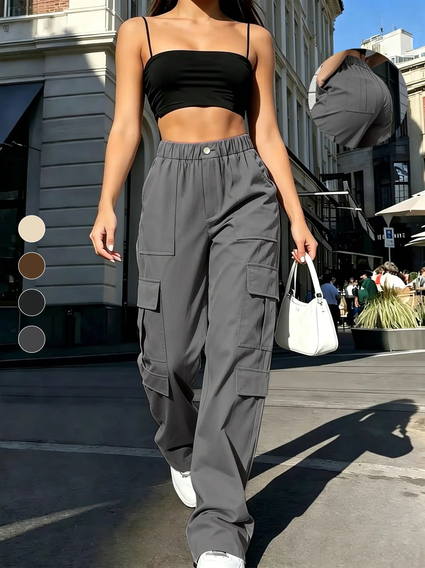 Women’S Cargo Straight-Leg Pants, Mid-Rise Elastic Waistband, Large Side Pockets, Drapey Fabric, Versatile Wide-Leg Floor-Length Casual Pants, Street-Style Trendy Long Pants Summerwins