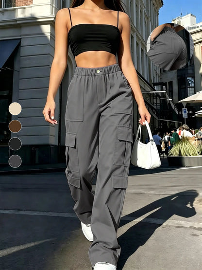 Women’S Cargo Straight-Leg Pants, Mid-Rise Elastic Waistband, Large Side Pockets, Drapey Fabric, Versatile Wide-Leg Floor-Length Casual Pants, Street-Style Trendy Long Pants Summerwins