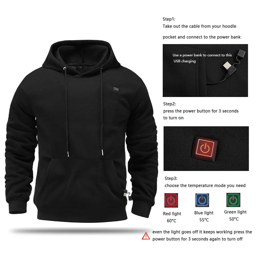 Mens USB Heated Hoodie Winter Electric Heating Sweatshirt Thermal Warm Clothing Outdoor Casual Charging Apparel