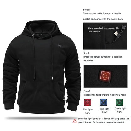 Mens USB Heated Hoodie Winter Electric Heating Sweatshirt Thermal Warm Clothing Outdoor Casual Charging Apparel