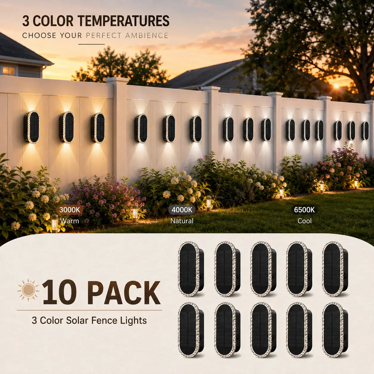 DERAYSION Solar Wall Lights Outdoor up down Dual-Lens, 2/4/6/10 Pack, Warm White + 7 Fixed RGB Colors & Cycle Mode, IP65 Waterproof Solar Fence Lights for Patio Garden Yard