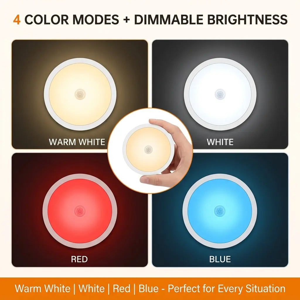 CNPOLOOK Rechargeable Motion Sensor Night Light, 4 Color Modes (Warm White/White/Red/Blue), Dimmable, USB‑C, Magnetic Stick on Light, 120° PIR, 26 Ft Range, OFF/AUTO/ON, Closet Bathroom Hallway Bedside (1 Pack)