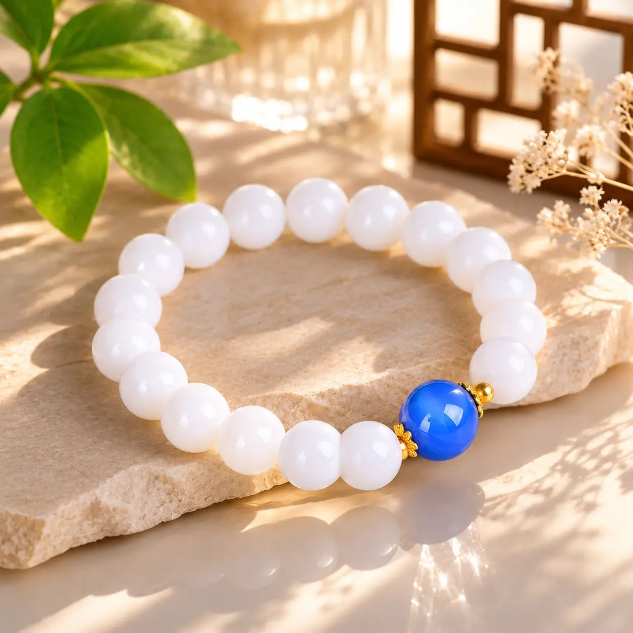 Ethnic Eastern-Inspired Natural Stone Bracelet - Polished White with Blue Accent, Unisex Inspirational Wellness Jewelry for Meditation, Calming Energy of Water Element, Costume Fashion Accessory