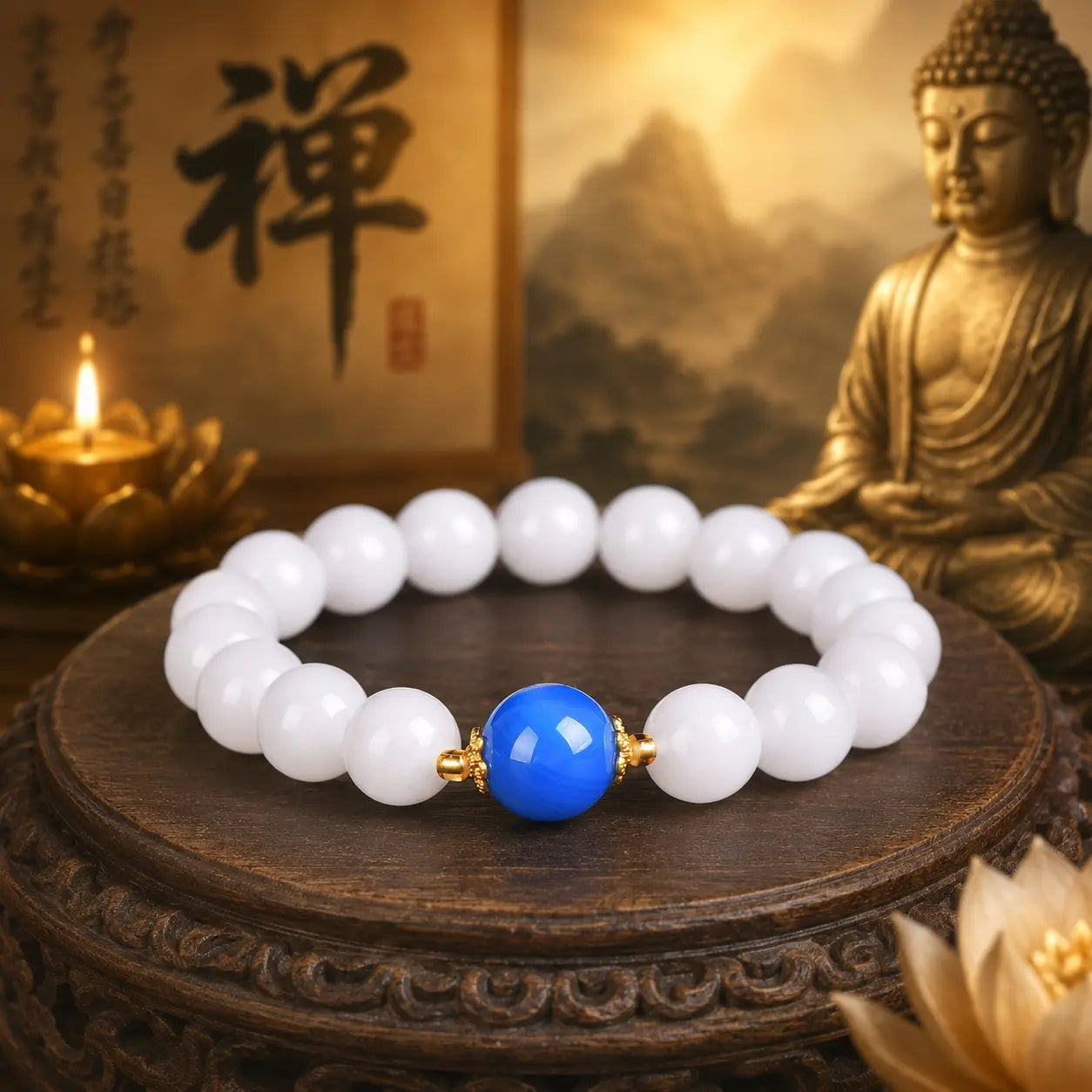 Ethnic Eastern-Inspired Natural Stone Bracelet - Polished White with Blue Accent, Unisex Inspirational Wellness Jewelry for Meditation, Calming Energy of Water Element, Costume Fashion Accessory