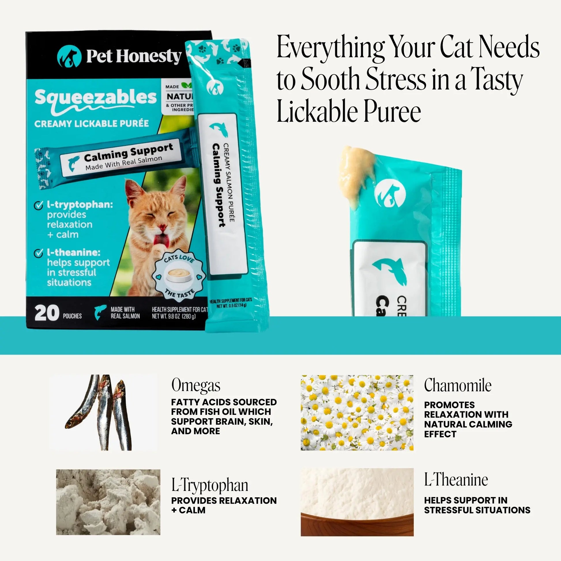 Pet Honesty Squeezables Calming Supplement Lickable Purees for Cats with Real Salmon, 20 Pouches