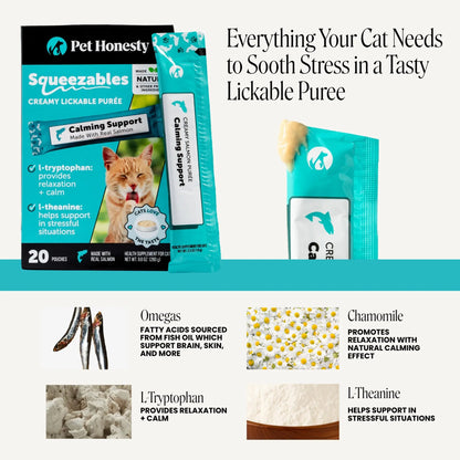 Pet Honesty Squeezables Calming Supplement Lickable Purees for Cats with Real Salmon, 20 Pouches