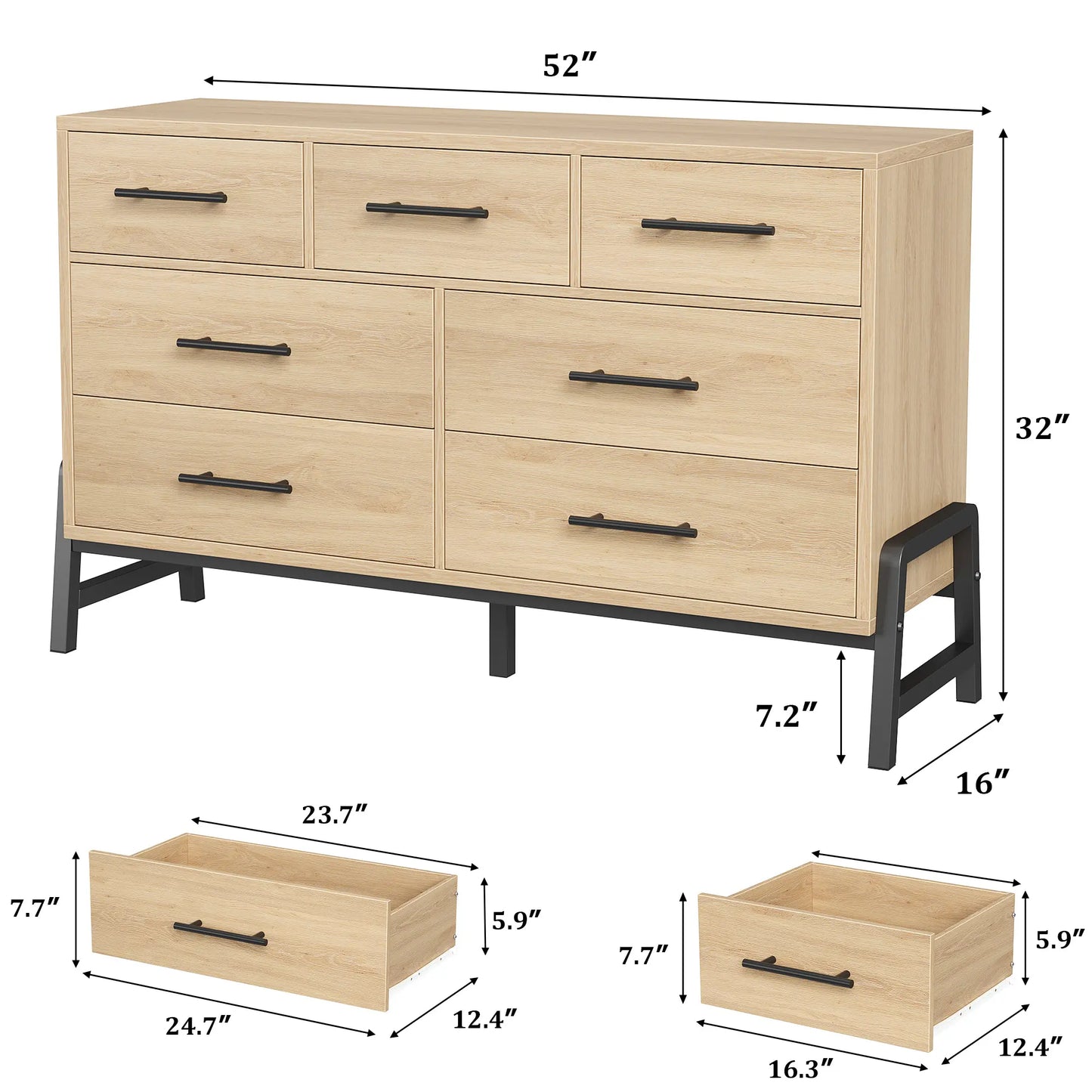 Modern 7-Drawer Wide Dresser for Bedroom - Freestanding Wooden Storage Chest - Large Drawers for Entryway, Living Room, or Closet - Natural Oak Finish