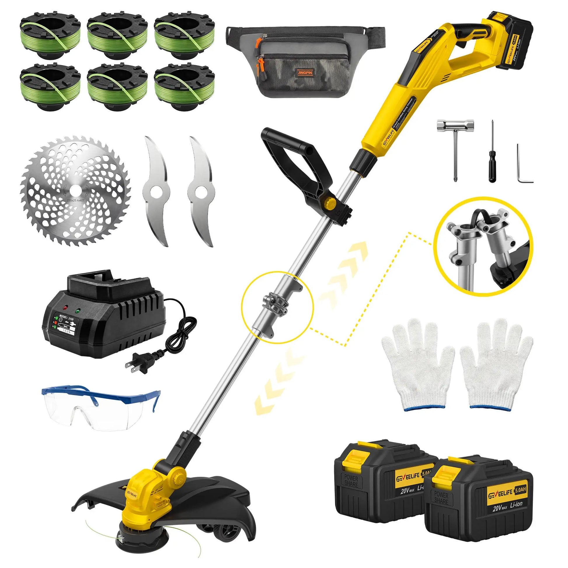 GEVEELIFE Bruchless Electric Weed Wacker String Trimmer,21V Cordless Weed Eater and Edger, 15'' Cutting Width with 2*5.0Ah Batteries Powered Brush Cutter, 4 in 1 Lawn Mower , Eco Friendly Grass Cutter,