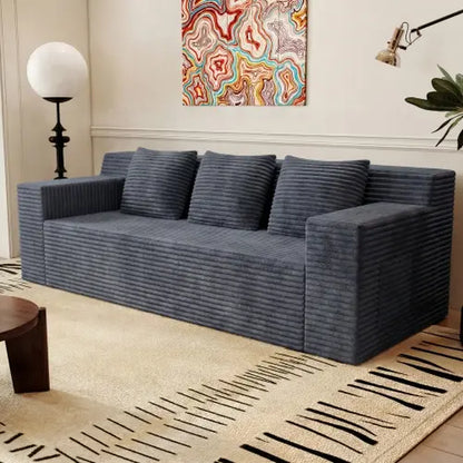 71-Inch 3-Seat Boneless Sofa, Corduroy Foam Couch with 3 Throw Pillows, Straight Arms, Side Pockets, No Assembly Required