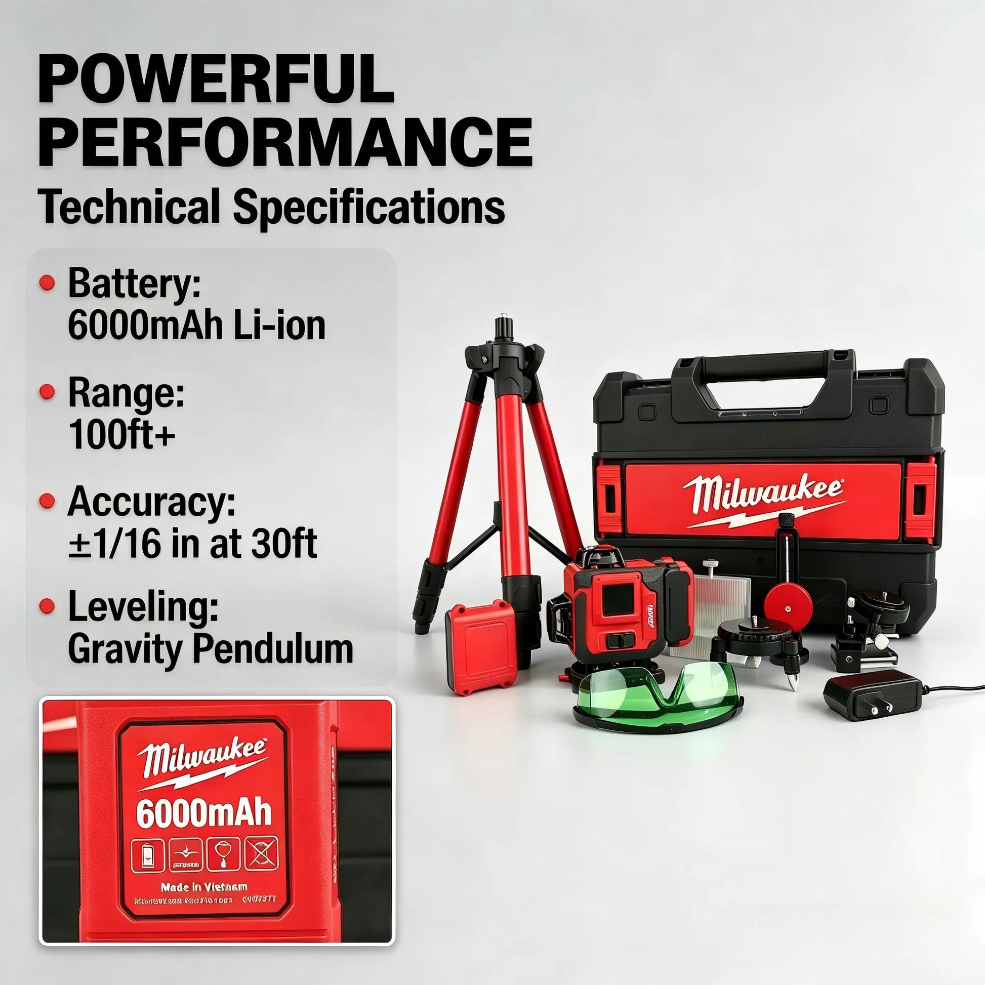 Milwaukee 4D16-Line Laser Level Kit with Dual Horizontal and Vertical 360° Laser,Gravity Pendulum Balancing System,Manual Slope Lock,Precise Measuring,Complete Mounting,Control Accessories for Tile Paving,Ceiling Installation,On-Site Building Layout Works