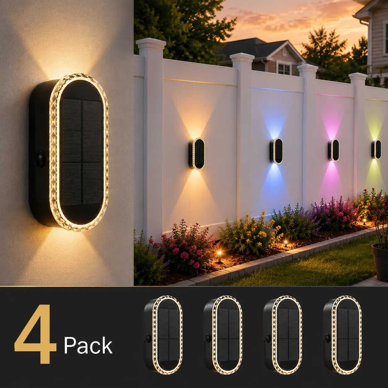 DERAYSION Solar Wall Lights Outdoor up down Dual-Lens, 2/4/6/10 Pack, Warm White + 7 Fixed RGB Colors & Cycle Mode, IP65 Waterproof Solar Fence Lights for Patio Garden Yard