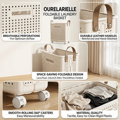 Foldable Laundry Basket with Wheels, Portable Rolling Laundry Hamper with Handles, Breathable Clothes Storage Basket for Bedroom, Bathroom, Laundry Room, Balcony, Closet, Make Home Storage Easier, Laundry Baskets