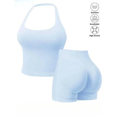 Seamless 2 Piece Workout Athleisure Sets for Women, Halter Built-In Bra Tank Top & Scrunch Booty Shorts, Breathable Quick Dry Activewear for Yoga Gym Running Summer Free Shipping
