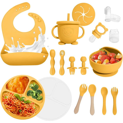 Baby Led Weaning Supplies, 8 Piece Bpa-Free Silicone Feeding Set, Silicone Suction Bowl, Forks & Spoons, Bib & Cup, Develops Self Feeding Skills, Dishwasher Safe, 6+ Months (Pink) Dinnerware
