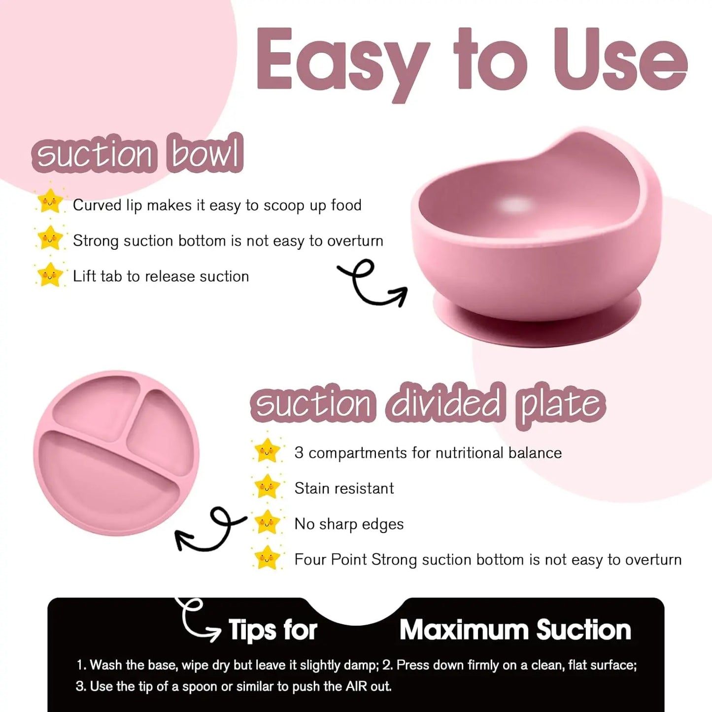 Baby Led Weaning Supplies, 8 Piece Bpa-Free Silicone Feeding Set, Silicone Suction Bowl, Forks & Spoons, Bib & Cup, Develops Self Feeding Skills, Dishwasher Safe, 6+ Months (Pink) Dinnerware
