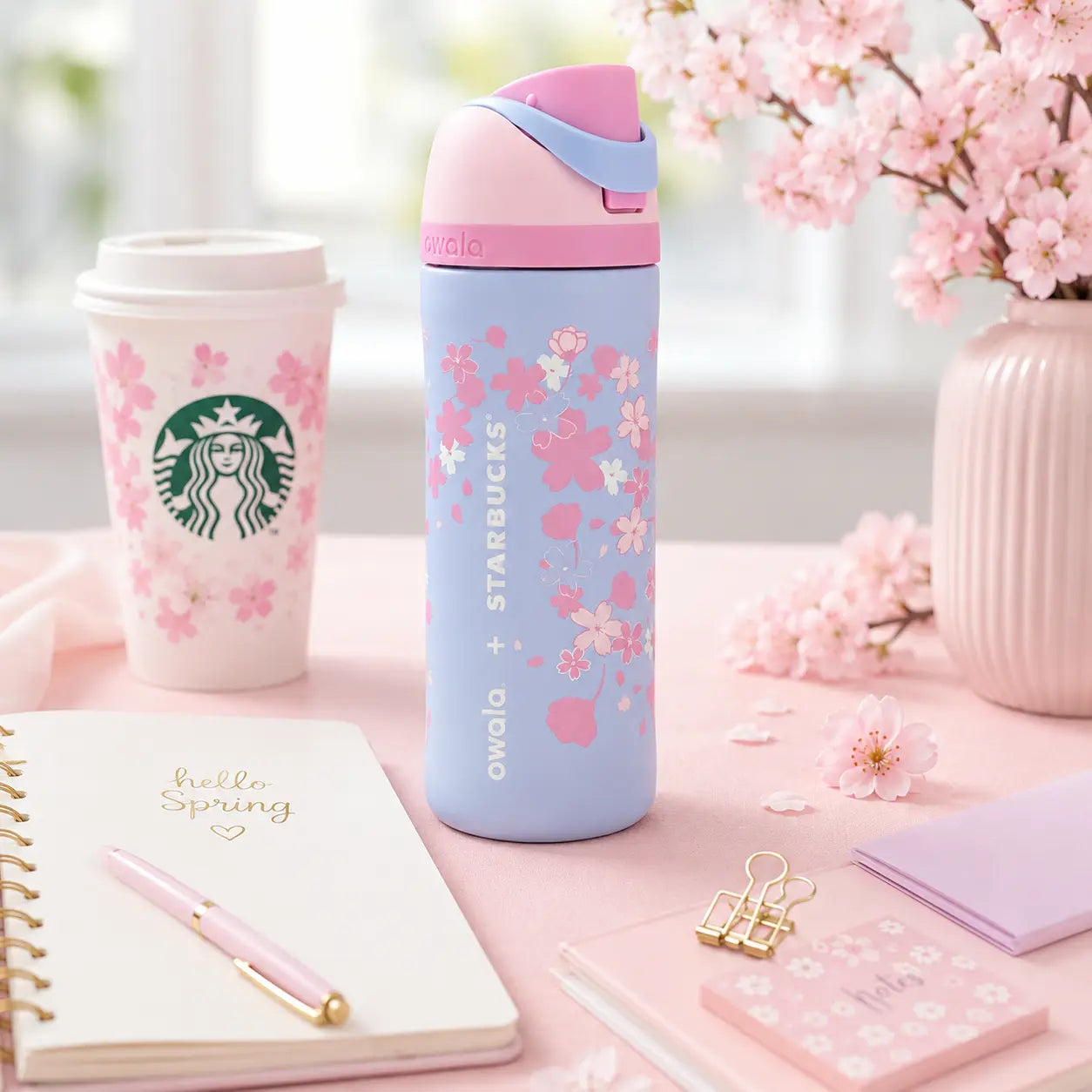 Owala Sakura X Starbuck 24Oz Bottle, Sakura Print Freesip Tumbler, Leakproof Insulated Water Bottle