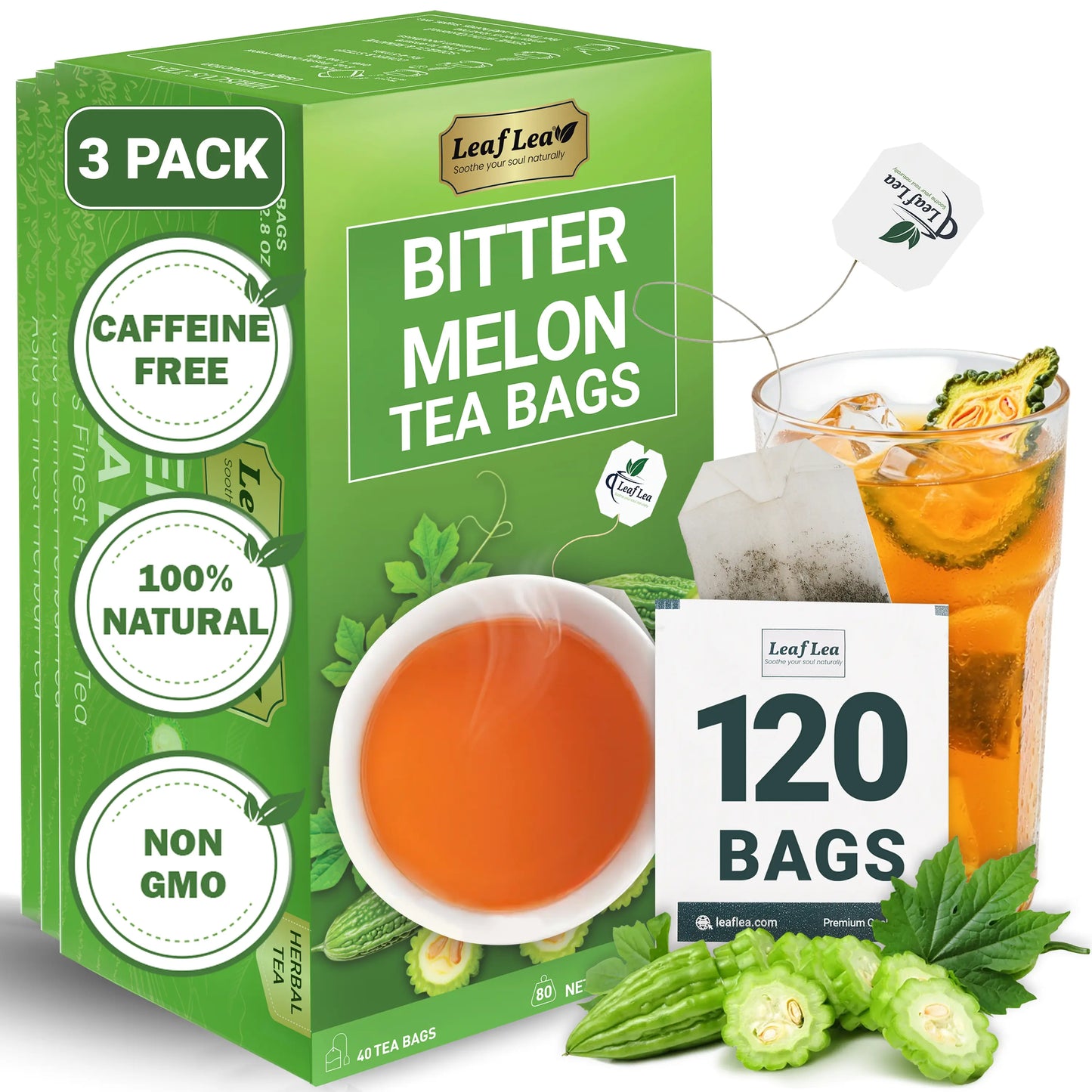 Leaflea Natural Bitter Melon Tea Bags, Cundeamor Herbal Tea Bags – Melon Amargo Gohyah Fruit Tea, Wellness & Digestion Support, Caffeine-Free, Non-Gmo, Sugar-Free, Vegan