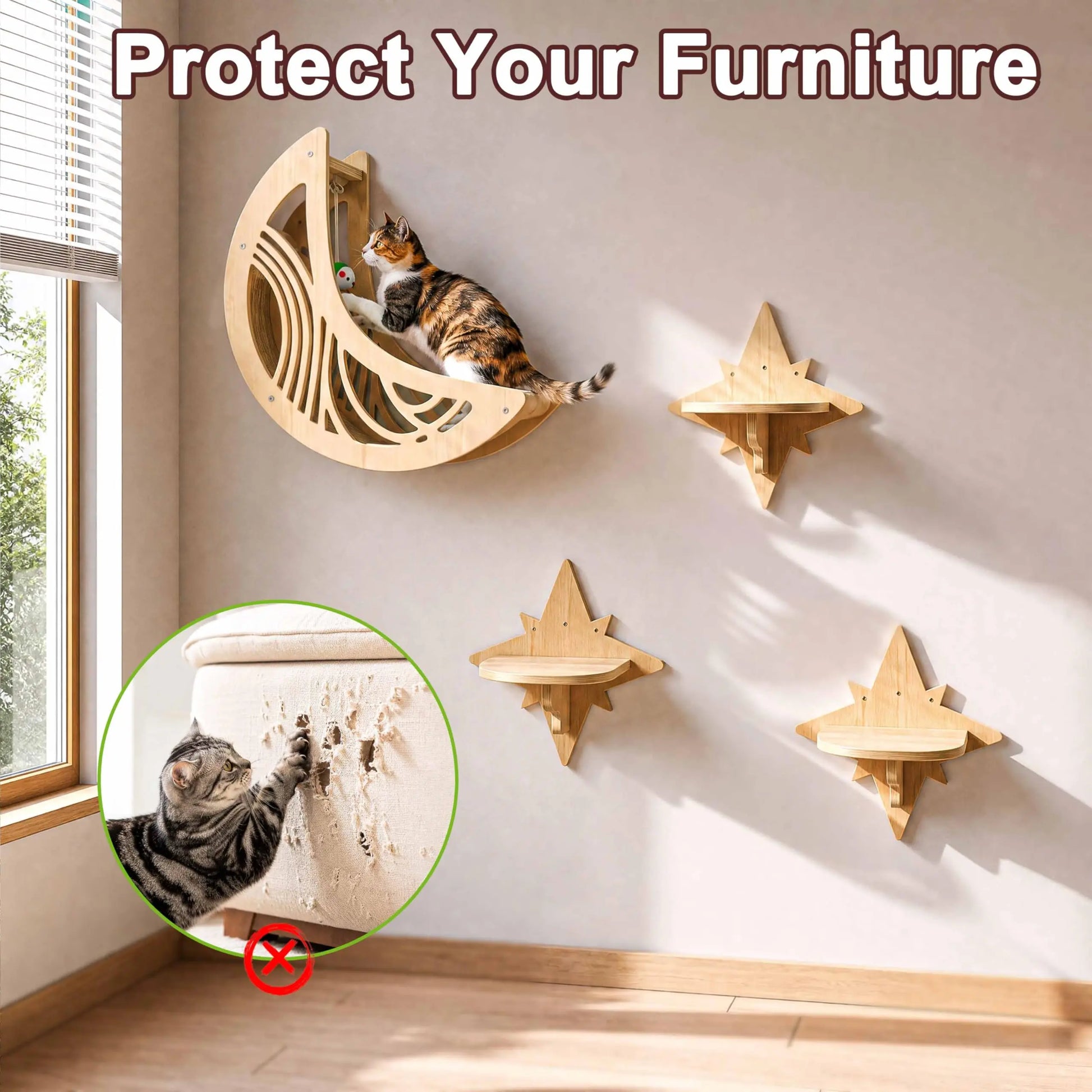 Moon & Star Cat Wall Shelves, Modern Wooden Cat Furniture with Decorative Cutouts, Space-Saving Cat Climbing System & Floating Perch for Indoor Cats