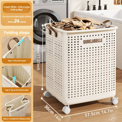 Foldable Laundry Basket with Wheels, Portable Rolling Laundry Hamper with Handles, Breathable Clothes Storage Basket for Bedroom, Bathroom, Laundry Room, Balcony, Closet, Make Home Storage Easier, Laundry Baskets