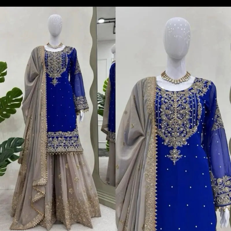 Women Faux Georgette Sharara Indian Suit Party Wear Wedding Set