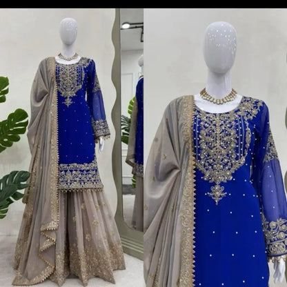 Women Faux Georgette Sharara Indian Suit Party Wear Wedding Set