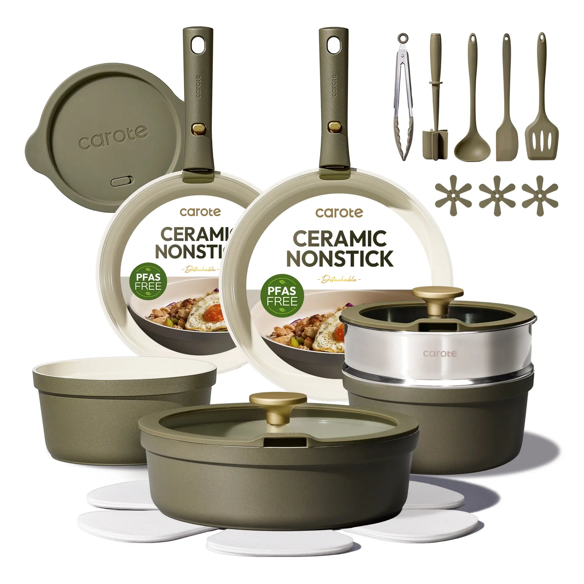 [Official]Carote 23Pcs Olive Green Ceramic Cookware Set with Detachable Handles, Pots and Pans Set Non Stick, RV Kitchen Cooking Pot and Pan