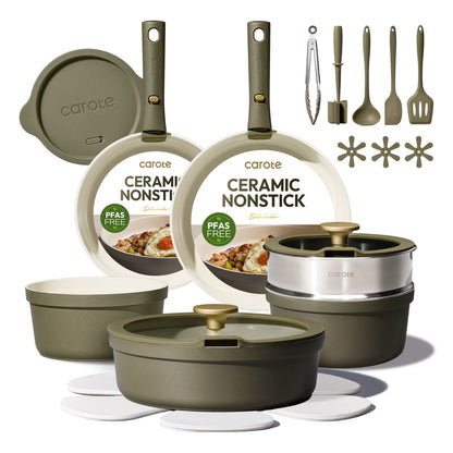 [Official]Carote 23Pcs Olive Green Ceramic Cookware Set with Detachable Handles, Pots and Pans Set Non Stick, RV Kitchen Cooking Pot and Pan
