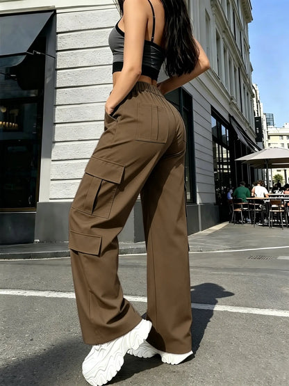 Women’S Cargo Straight-Leg Pants, Mid-Rise Elastic Waistband, Large Side Pockets, Drapey Fabric, Versatile Wide-Leg Floor-Length Casual Pants, Street-Style Trendy Long Pants Summerwins