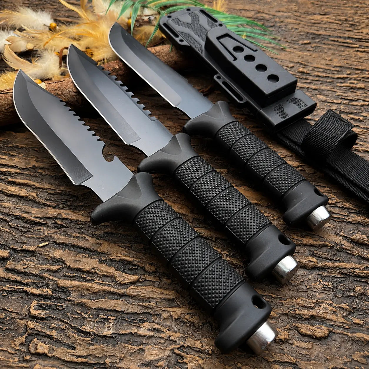Multi Profile Kitchen Meat Cutting Knife - Black Coated Stainless Steel Fixed Blade with Segmented Textured Anti-Slip Handle for Household Food Prep, Kitchen Knives