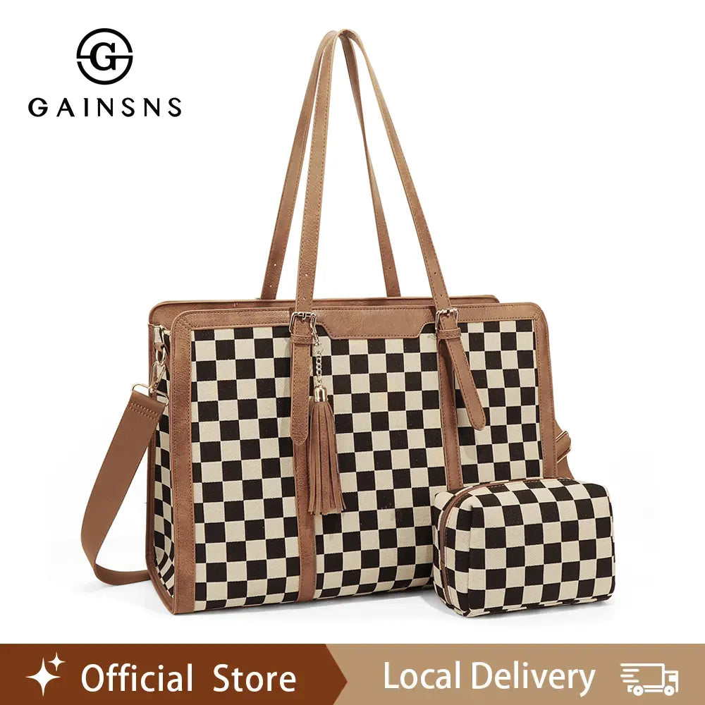 GAINSNS 2-Piece Checkered Plaid Tote Bag Large Laptop Tote Bag for Women Checkered Shoulder Purse Handbags for Work Travel