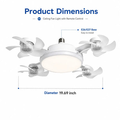 Ceiling Fan Light with Remote Control, 19.69 Inch Screw in Fan Heads, Quiet Airflow & Bright Lighting, Easy LED Fan Light, E26/E27 Base Foldable Ceiling Fan with 4 Installation for Bedroom, Living Room, Kitchen, Office, Dorm, Small Room Use