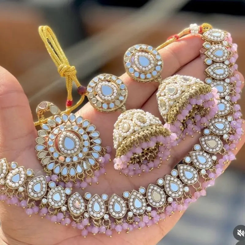 Indian Wedding Mirror Jewelry Set - Mirror Necklace, Tikka, Jhumka Earrings