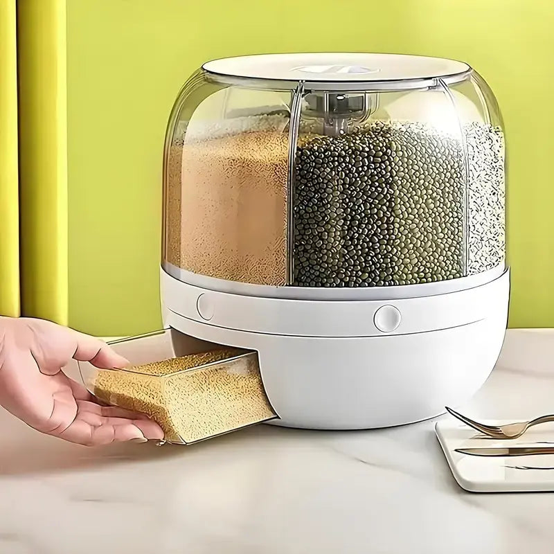 6-Grid 360° Rotating Grain Storage Container Dispenser with 1-Click Output, Kitchen Utensils for Rice, Small Grains and Beans