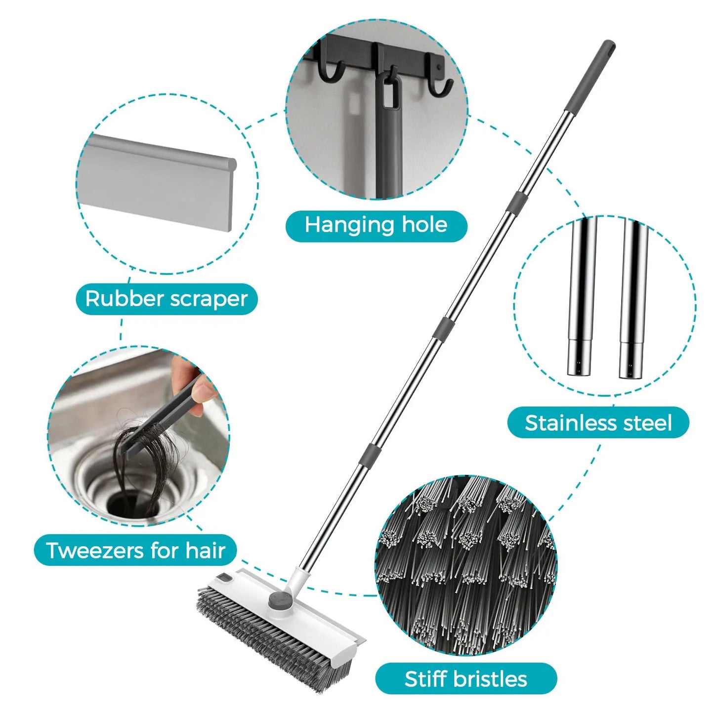 JOIORBOO Durable 3-In-1 Floor Scrub Brush Cleaning Tool with Long Handle - Double-Sided Bristle, Squeegee Scrubber for Bathroom, Kitchen