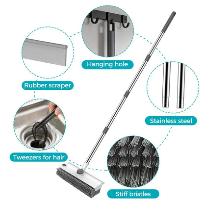 JOIORBOO Durable 3-In-1 Floor Scrub Brush Cleaning Tool with Long Handle - Double-Sided Bristle, Squeegee Scrubber for Bathroom, Kitchen
