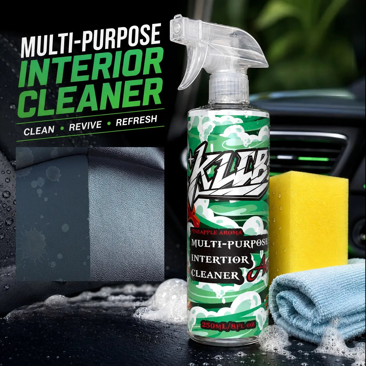Multi-Purpose Car Interior Cleaner Spray Kit with Sponge & Towel– Removes Dirt, Grime & Odor Instantly | Restores Dashboard & Seats | Safe for Leather, Plastic & Fabric | Fresh Clean Finish