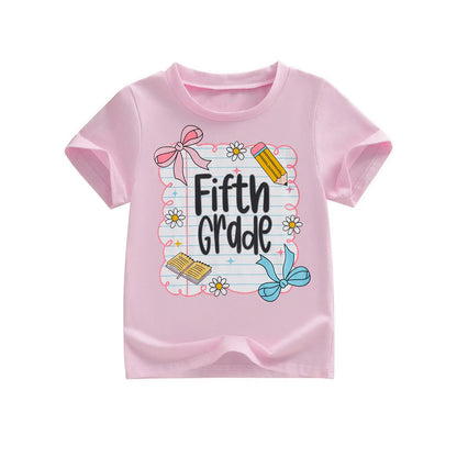 Toddler Baby Little Girl Back to School T Shirts Short Sleeve Grade Print Casual Summer Tops 4-11 Years