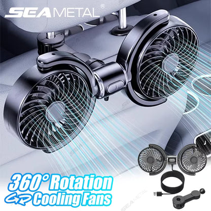Car USB Fan Dual Head Cooling Air Fan Independent Switch 3-Speed 360 Degree Adjustable Auto Headrest Fan for Rear Seat