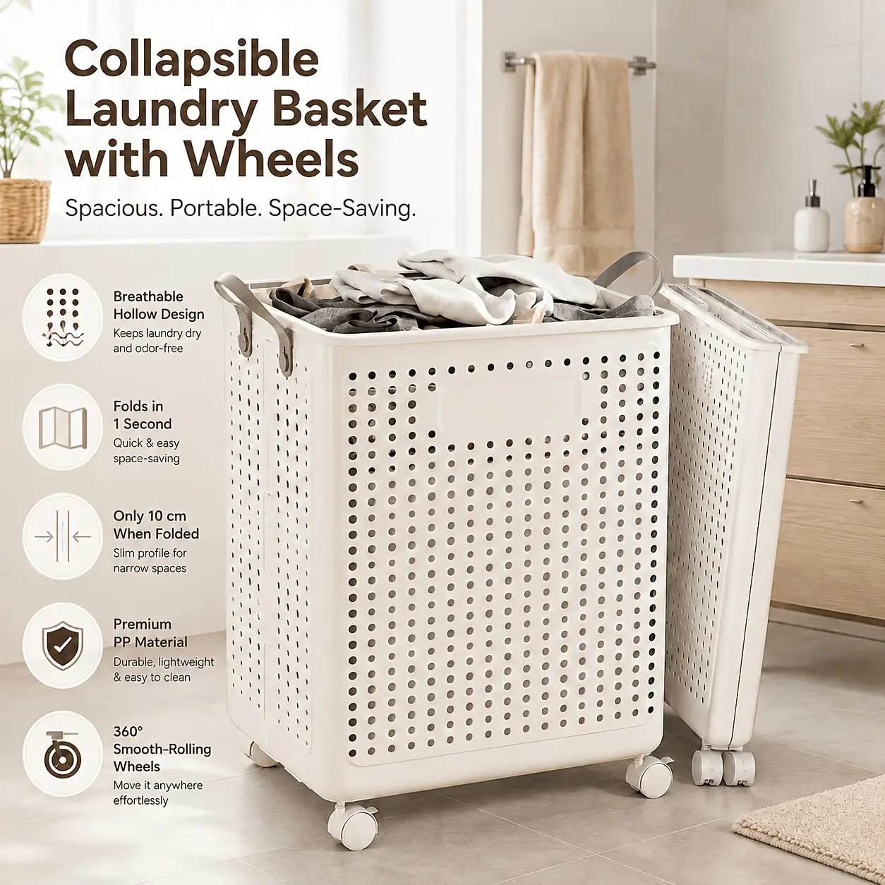 Foldable Laundry Basket with Wheels, Portable Rolling Laundry Hamper with Handles, Breathable Clothes Storage Basket for Bedroom, Bathroom, Laundry Room, Balcony, Closet, Make Home Storage Easier, Laundry Baskets