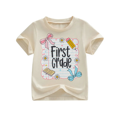Toddler Baby Little Girl Back to School T Shirts Short Sleeve Grade Print Casual Summer Tops 4-11 Years