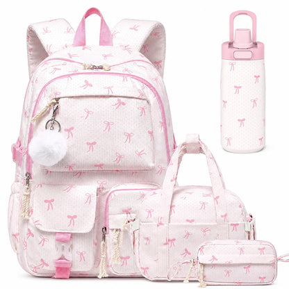 Similove Corduroy Floral Backpack for Girls, 3-Pocket Kawaii 3/4PCS Toddler Bookbag with Lunch Bag&Pencil Case&Water Bottle, Lightweight Casual Daypack for Preschool Travel