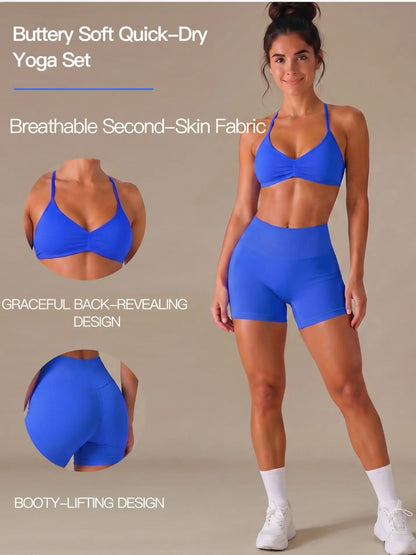 Quick-Dry Breathable Yoga Set – Buttery Soft Second-Skin Fabric, Back-Revealing Bra & Booty-Lifting Shorts for Workout & Casual Wear